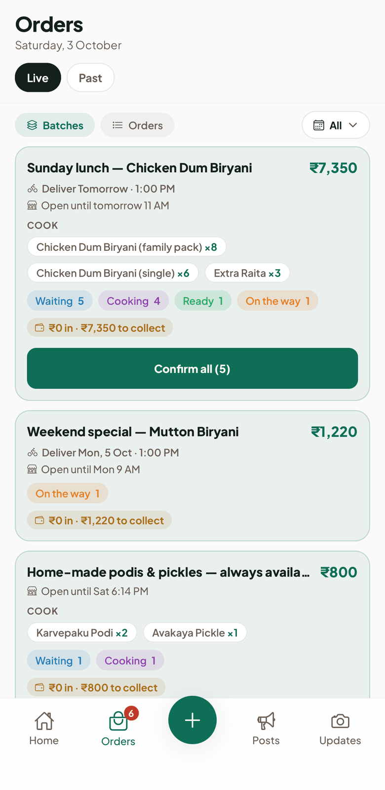 The seller orders screen: orders grouped by post with a cook list, counts of waiting, cooking, ready and on-the-way orders, and a Confirm all button