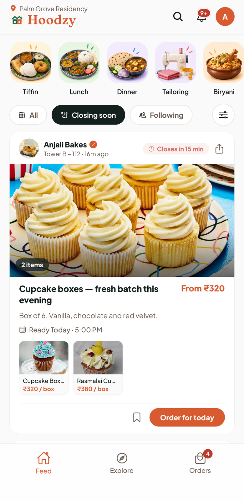 The Hoodzy feed: category tiles, a Closing soon filter and Anjali Bakes' cupcake boxes post, from ₹320, closing in 15 minutes