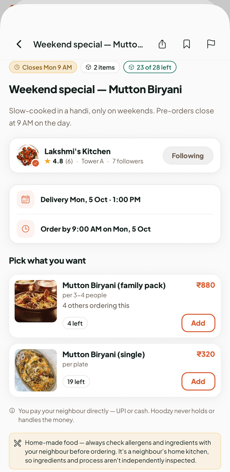 A weekend mutton biryani post: closes Monday 9 AM, 23 of 28 left, seller rated 4.8, and a note that you pay your neighbour directly by UPI or cash