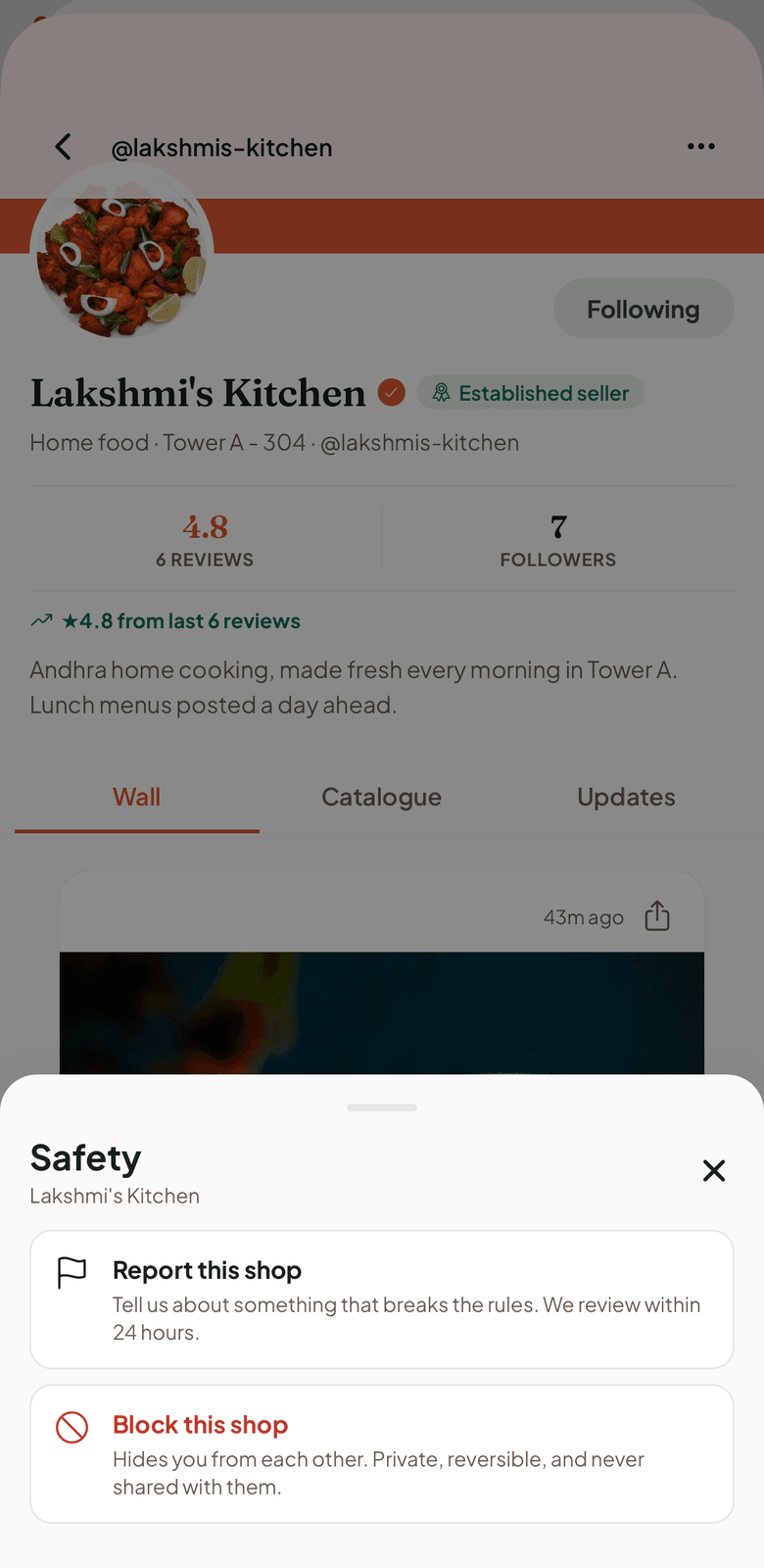 The Safety sheet on a shop profile: Report this shop, and Block this shop — private, reversible, never shared with them