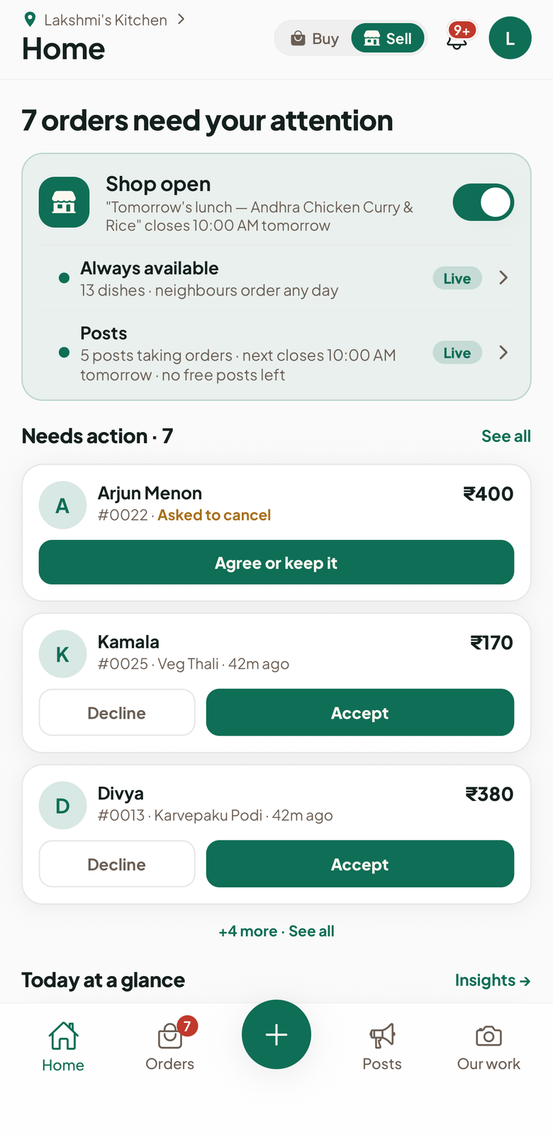 The seller home for Lakshmi's Kitchen: 7 orders need your attention, a Shop open switch, Always available and Posts sections, and orders to Accept or Decline
