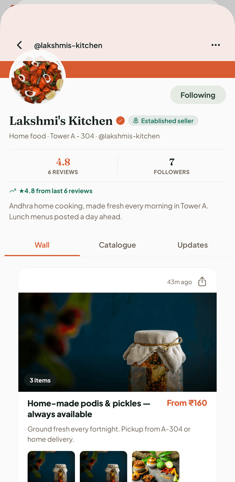 A shop profile with the Established seller badge, a 4.8 rating from 6 reviews, 7 followers and the seller's posts