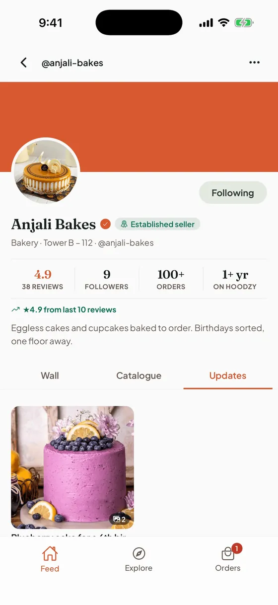 A shop page on Hoodzy, open on the Our work tab with photos of delivered work