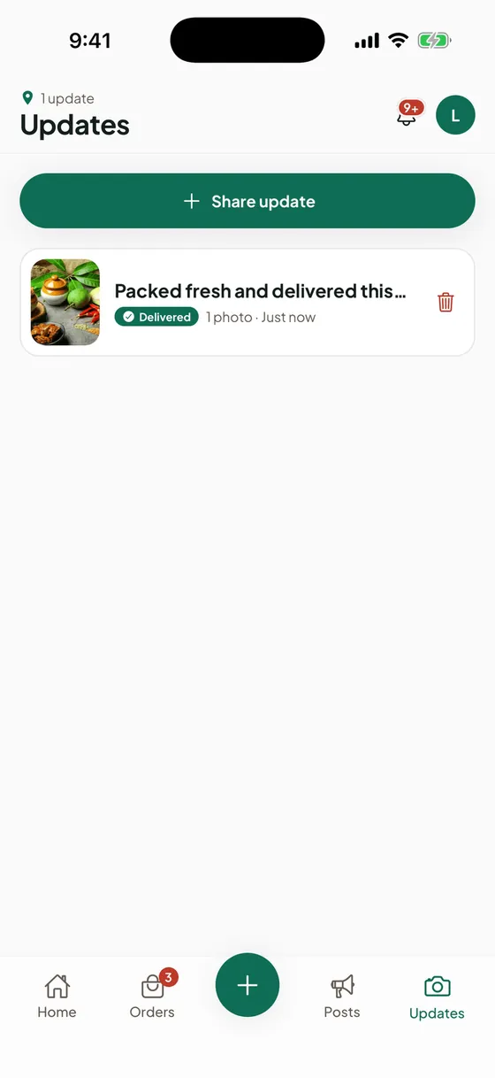 The Our work tab in the Hoodzy seller app, with a delivered order shared as a photo