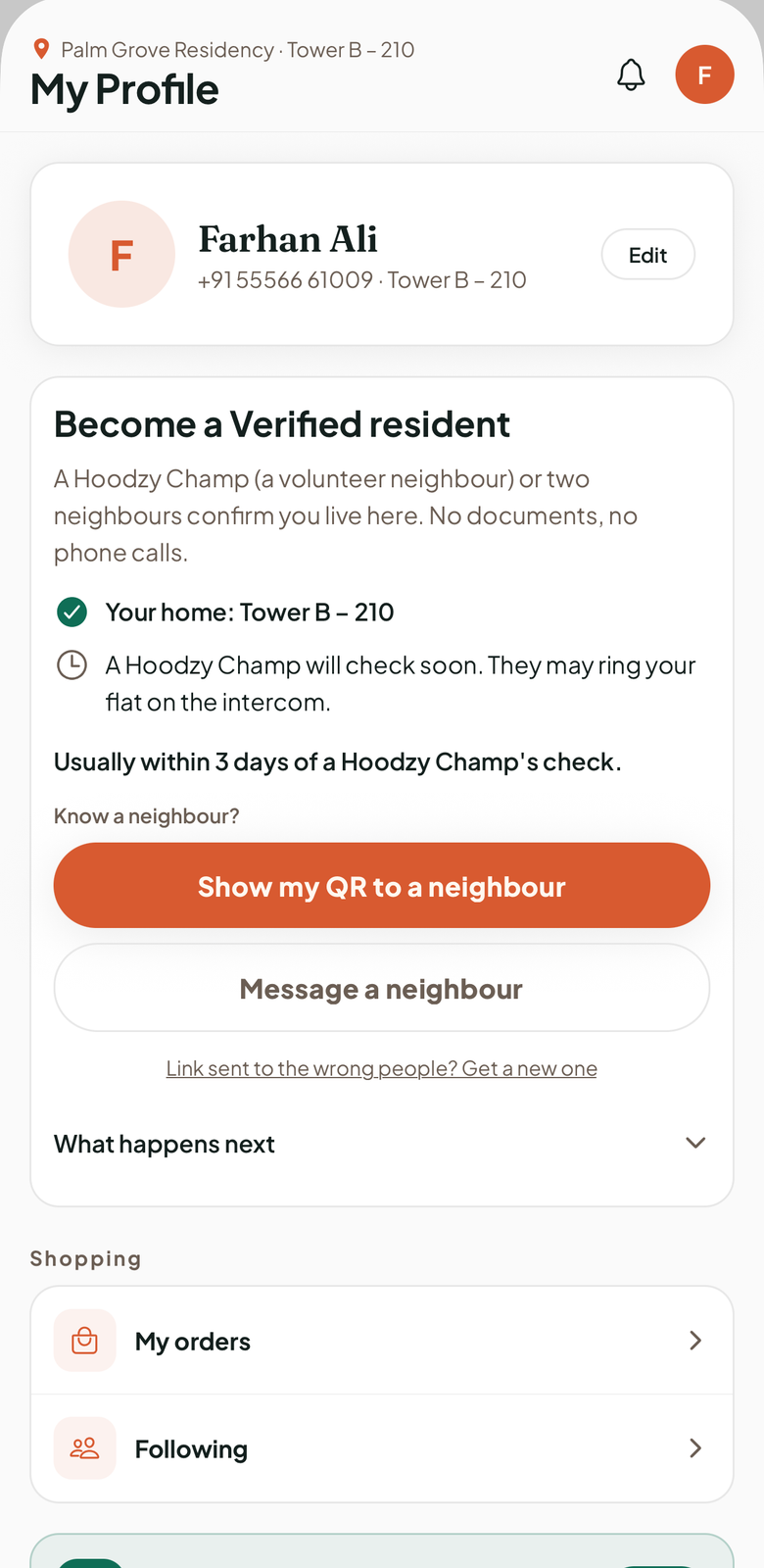The Become a Verified resident card: a Champ or two neighbours confirm you live here, a Champ will check soon, with Show my QR to a neighbour and Message a neighbour buttons